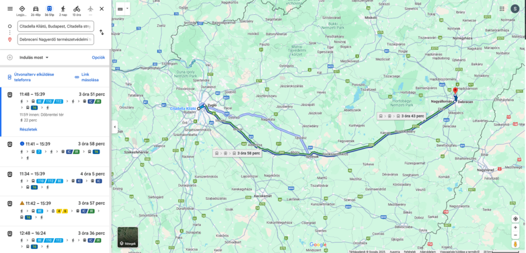 Google Maps űtvonalterv: Citadella-Nagyerdő