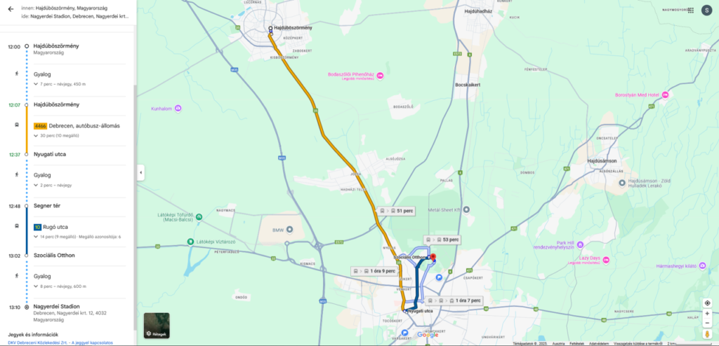 Google Maps űtvonalterv: Hajdúböszörmény - Nagyerdei Stadion
